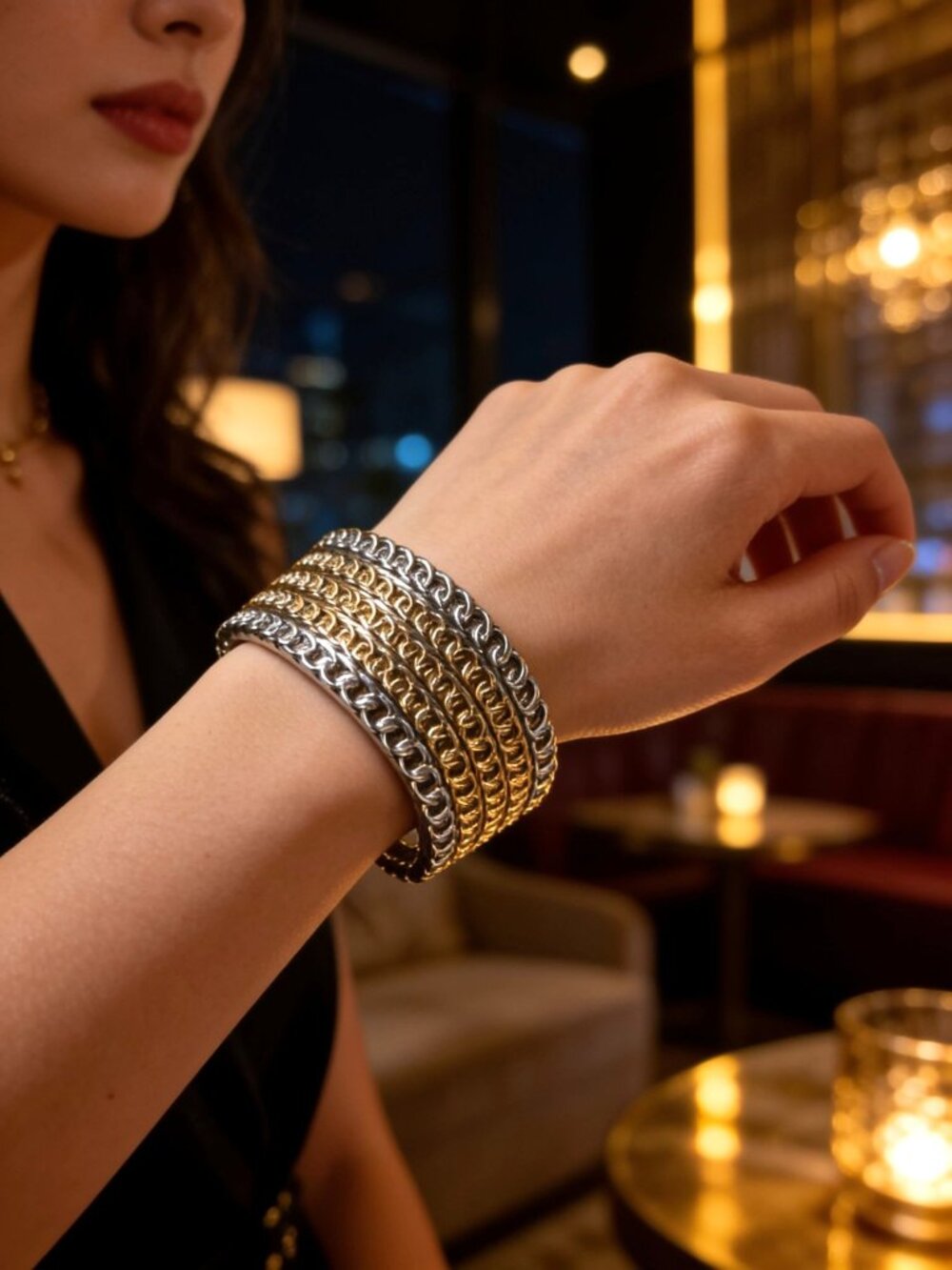 Vintage silver tone cuff bracelet featuring spring hinge.
